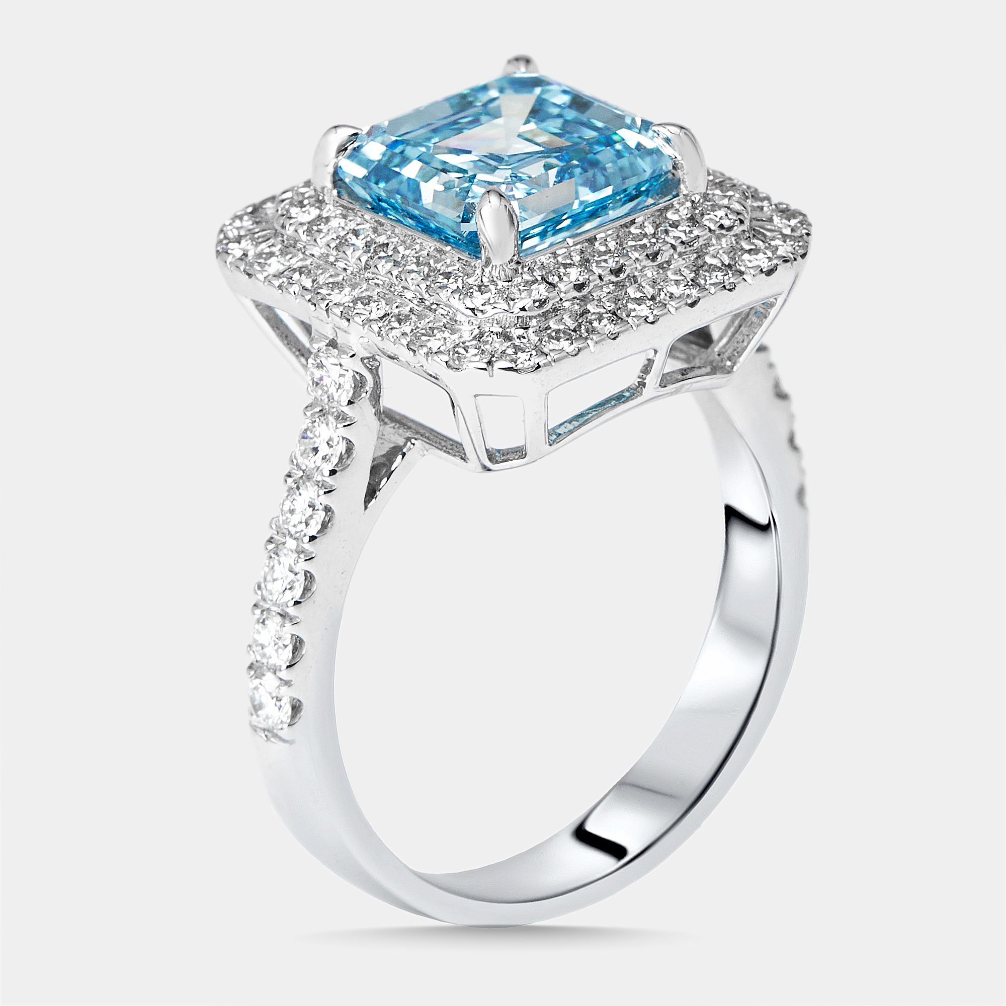 

3.9 cts Vivid Blue Asscher, Round Lab Grown Diamonds 18k White Gold Ring Size