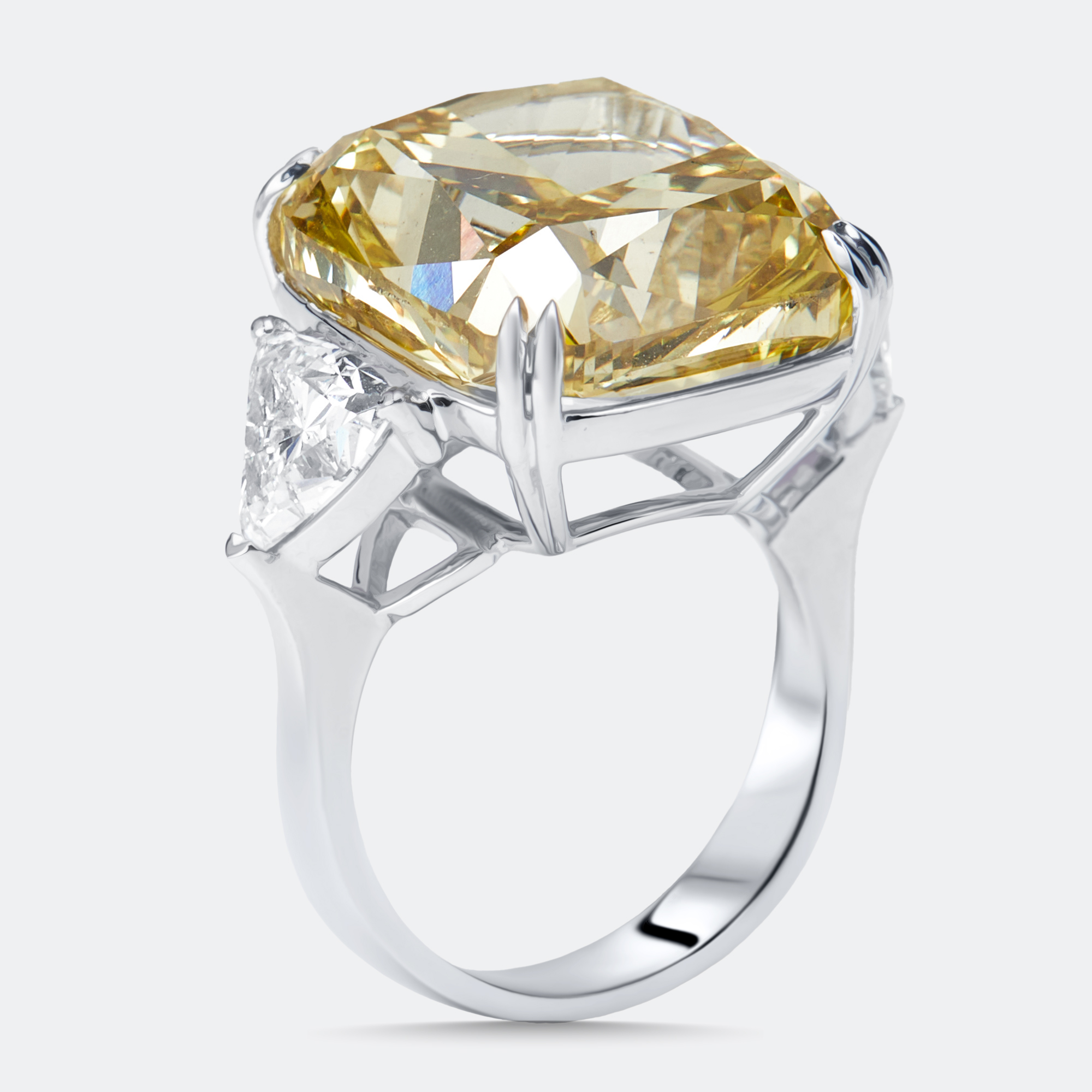 THE DIAMOND EDIT Pre-owned 22 Cts Fancy Yellow Cushion Trillion Lab Grown Diamonds 18k White Gold Ring Size 52