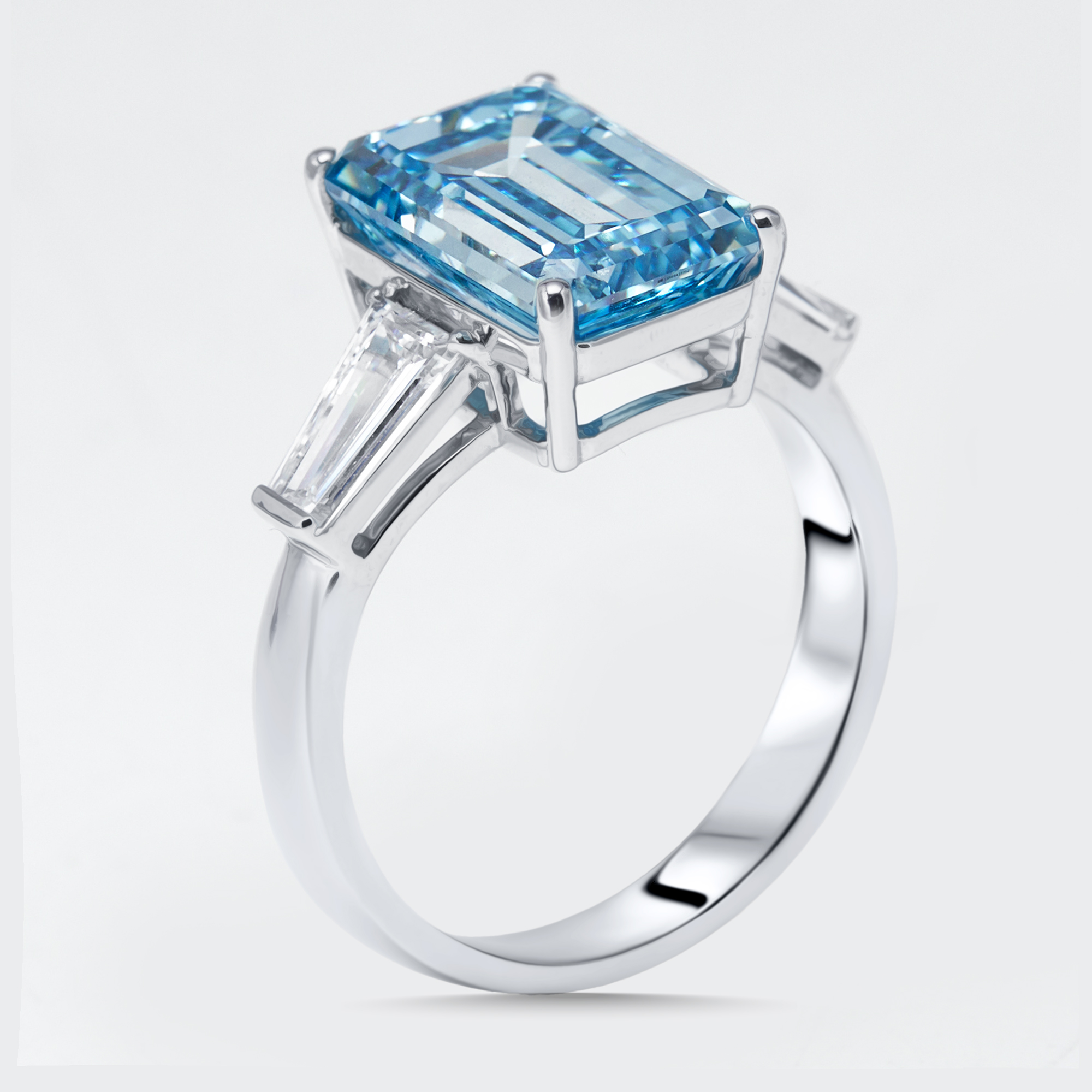 Click to view more detailed imagery on our partner's website Pre-owned The Diamond Edit 5.8 Cts Vivid Blue Emerald Cut Trapezoid Lab Grown Diamonds 18k White Gold Ring Size 52