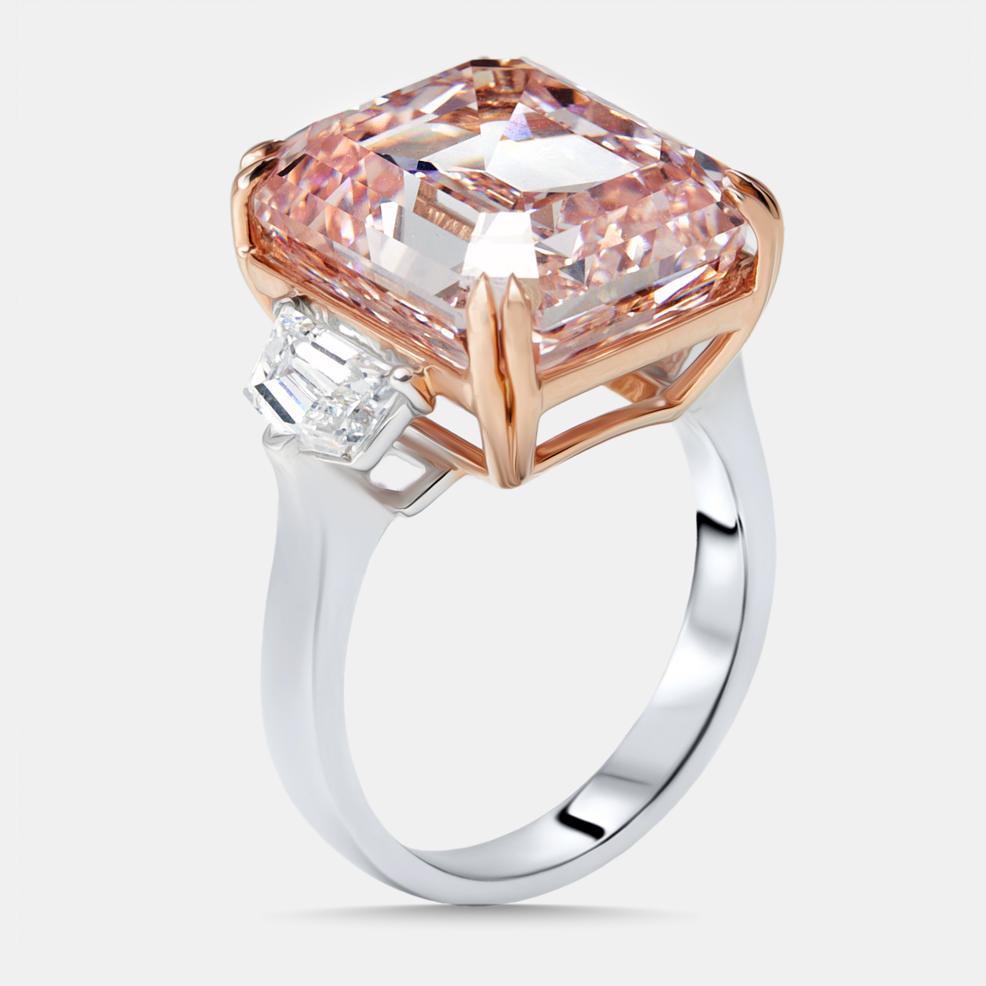 

15 cts Pink Emerald Cut, Halfmoon Lab Grown Diamonds 18k Two Tone Gold Ring Size