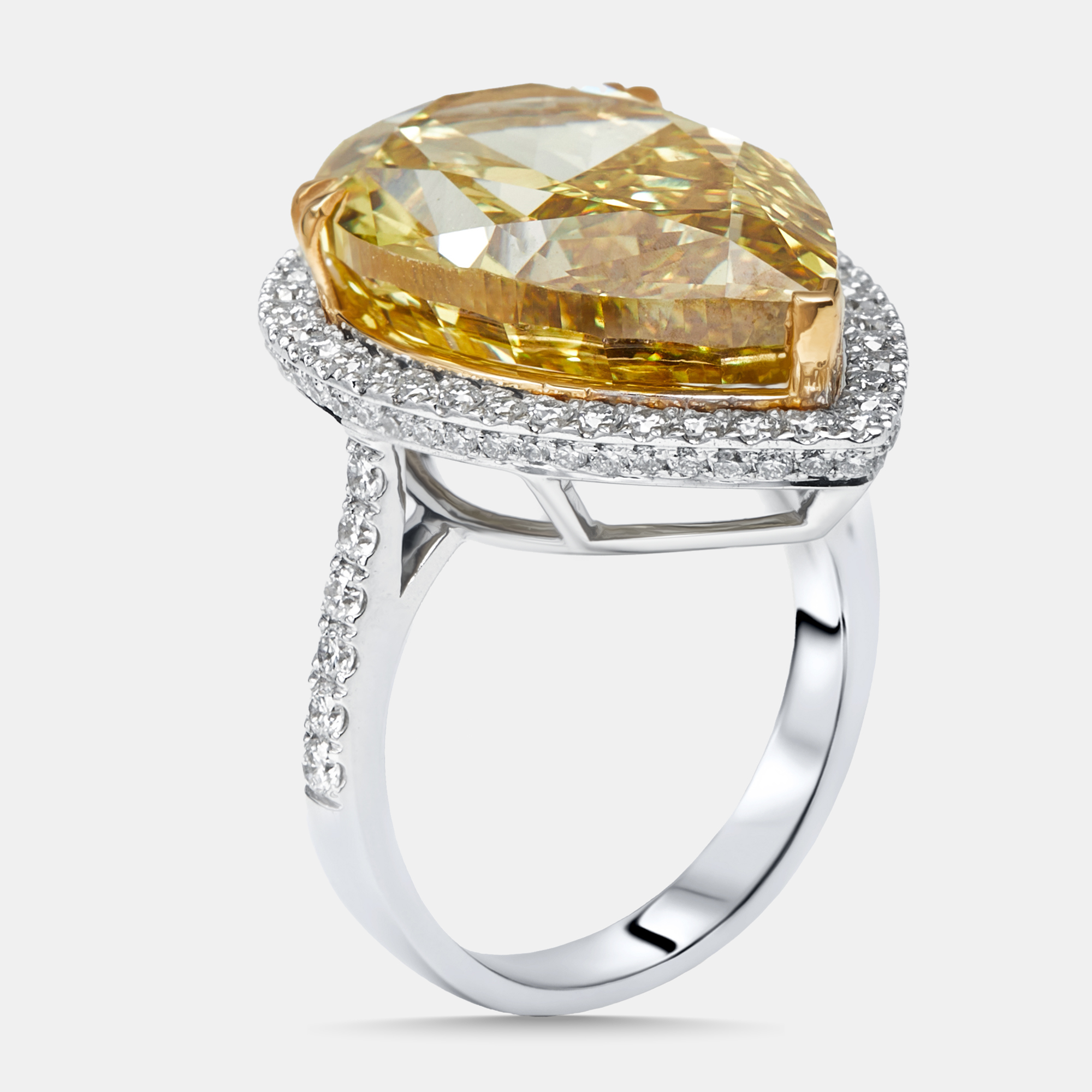 

16.5 cts Fancy Yellow Pear, Round Lab Grown Diamonds 18k Two Tone Gold Ring Size