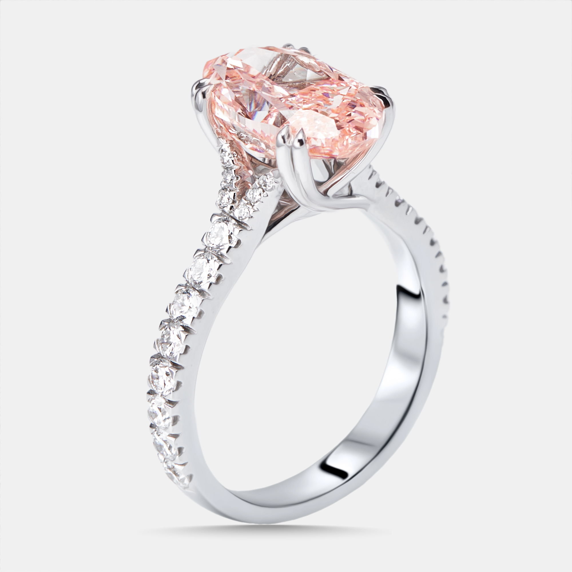 

4.8 cts Pink Oval, Round Lab Grown Diamonds 18k White Gold Ring Size
