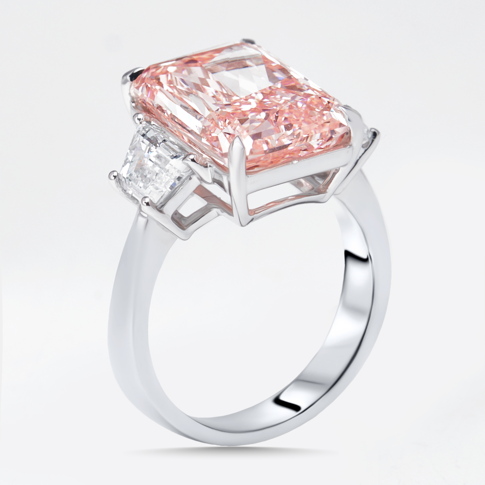 

8.1 cts Pink Radiant, Trapazoid Lab Grown Diamonds 18k White Gold Ring Size