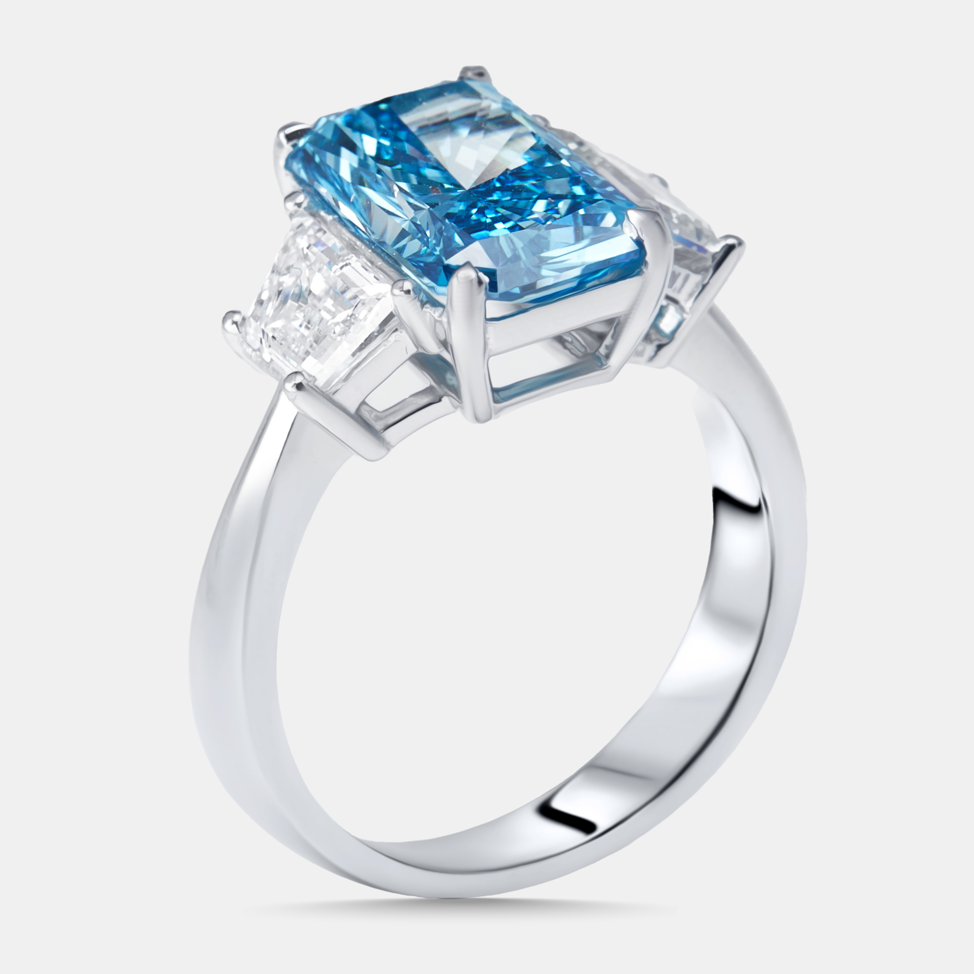

4 cts Vivid Blue Radiant, Trapazoid Lab Grown Diamonds 18k White Gold Ring Size