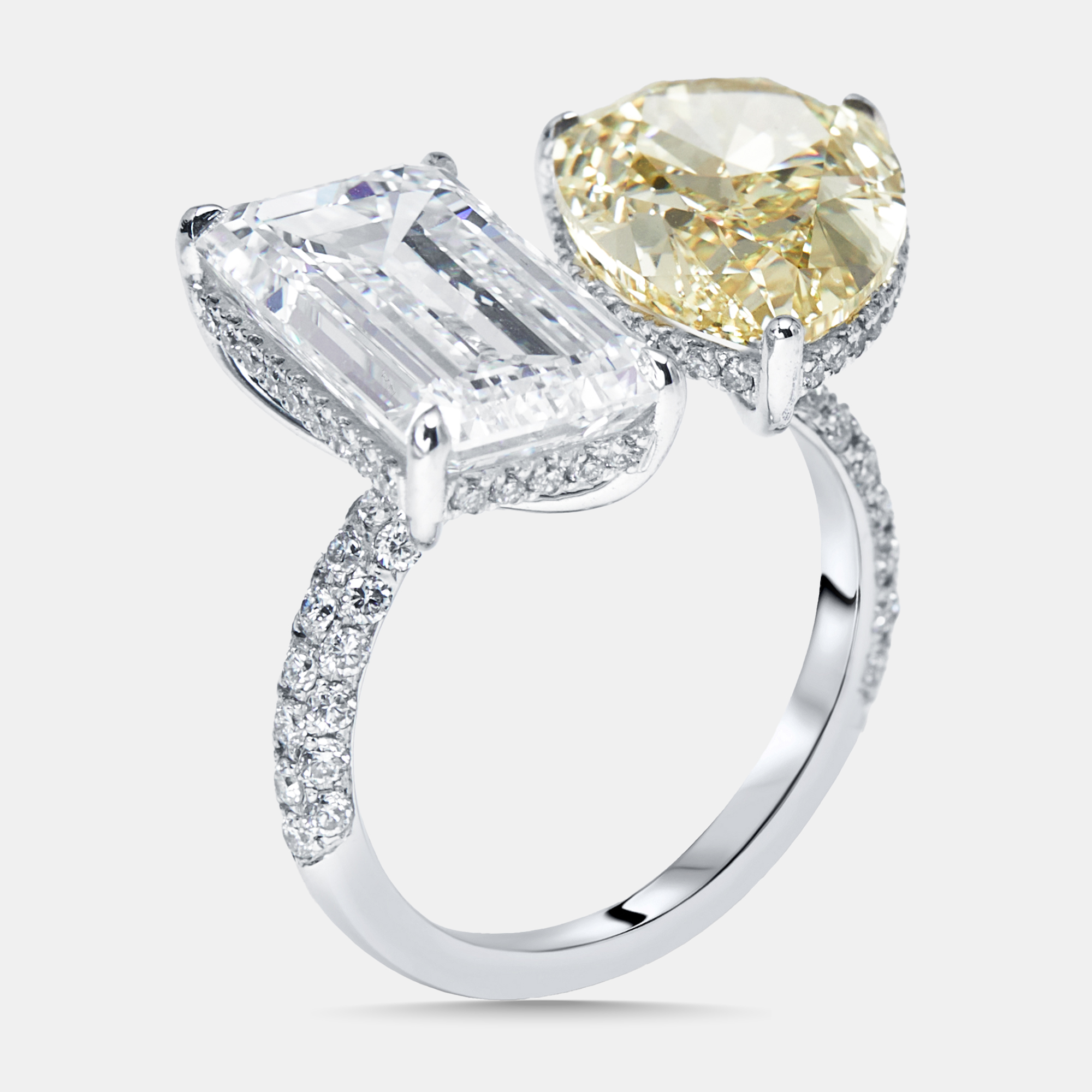 

12.8 cts Fancy Yellow Pear, Emerald Cut, Round Lab Grown Diamonds 18k White Gold Ring Size