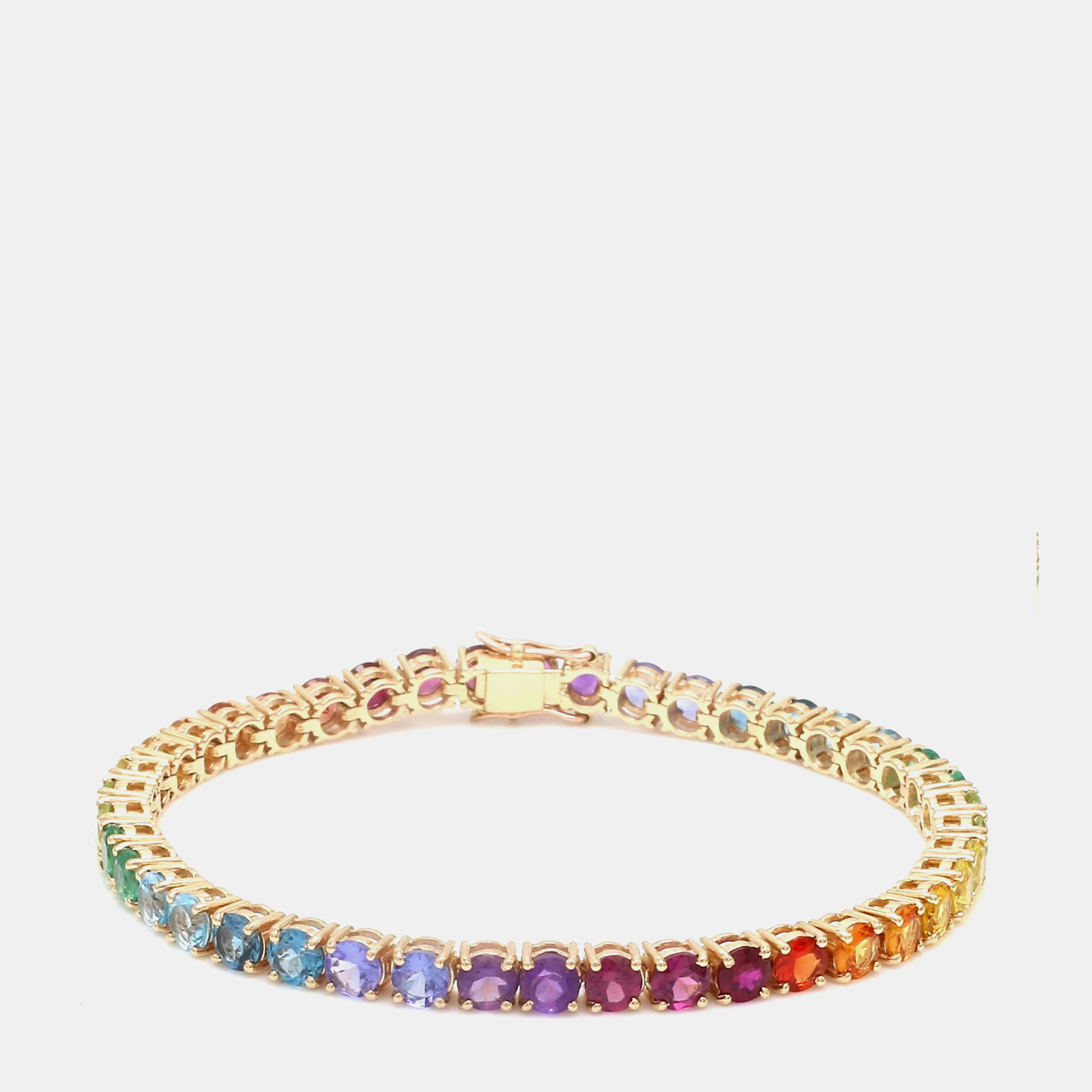 Click to view more detailed imagery on our partner's website Pre-owned The Diamond Edit 14 Cts Rainbow Sapphire Round Cut Gemstones 18k Yellow Gold Tennis Bracelet