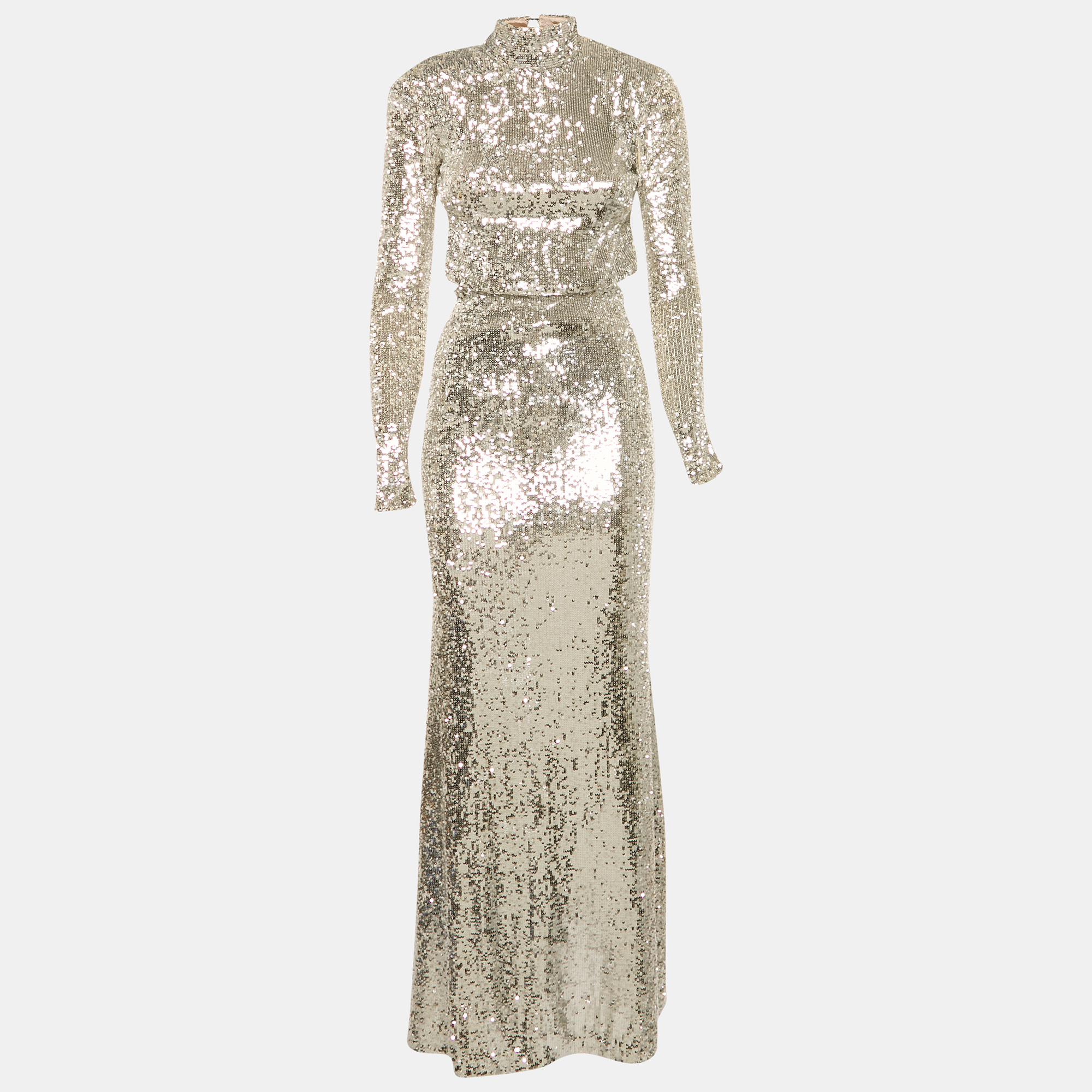 Pre-owned The New Arrivals By Ilkyaz Ozel Silver Sequin Embellished Mesh Maxi Dress M