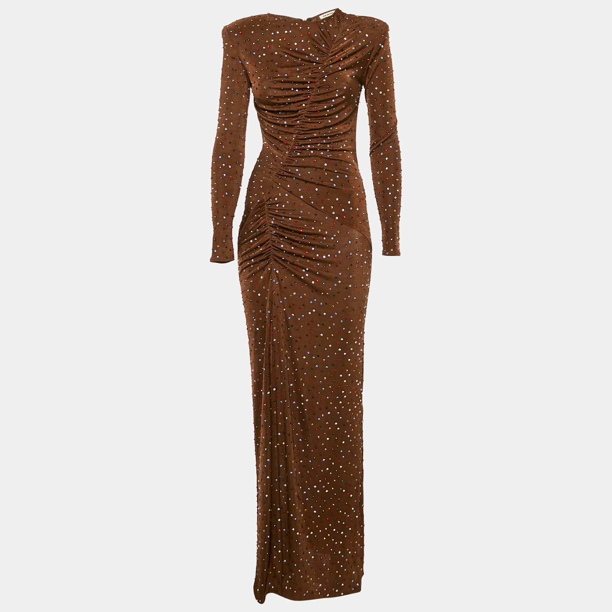 

The New Arrivals By Ilkyaz Ozel Brown Jersey Rhinestone Detail Ruche Maxi Dress XS
