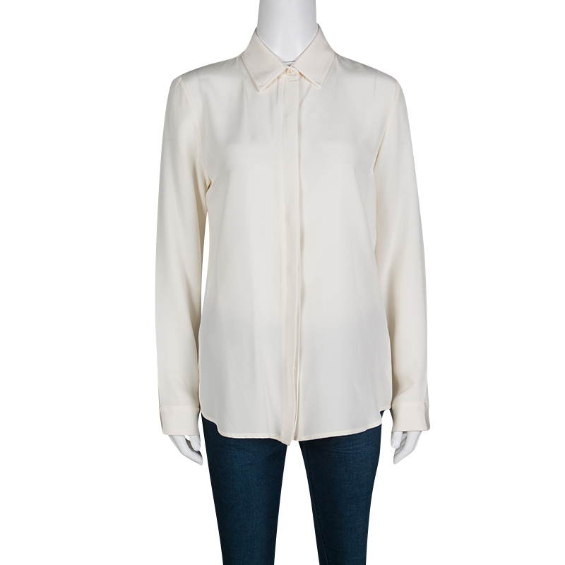 

The Row Cream Silk Leather Trim Long Sleeve Button Front Shirt