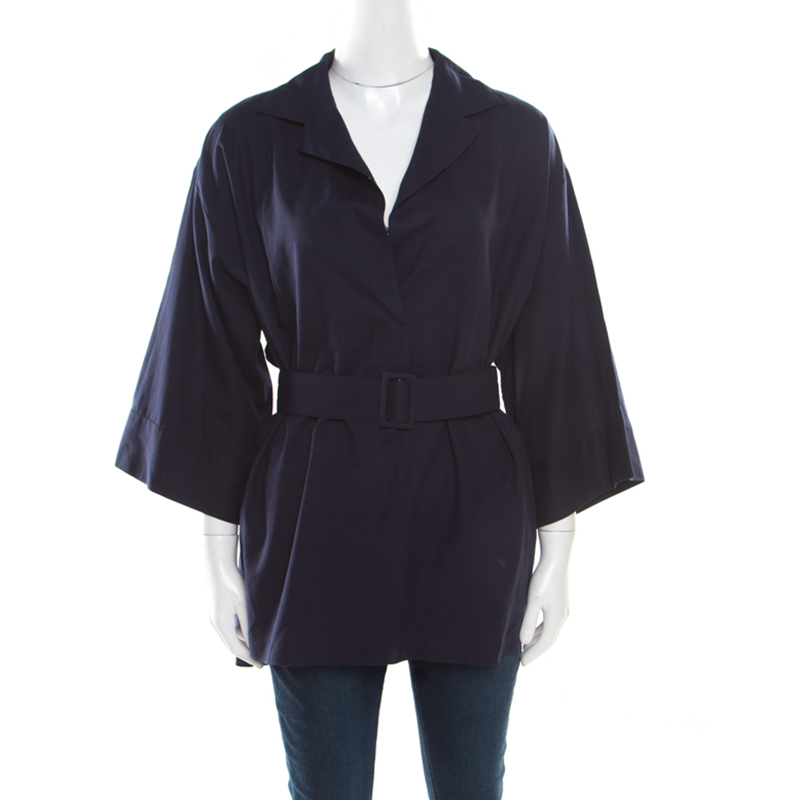 Pre Owned The Row Navy Blue Cotton Poplin Belted Hona Plunge Neck Blouse M