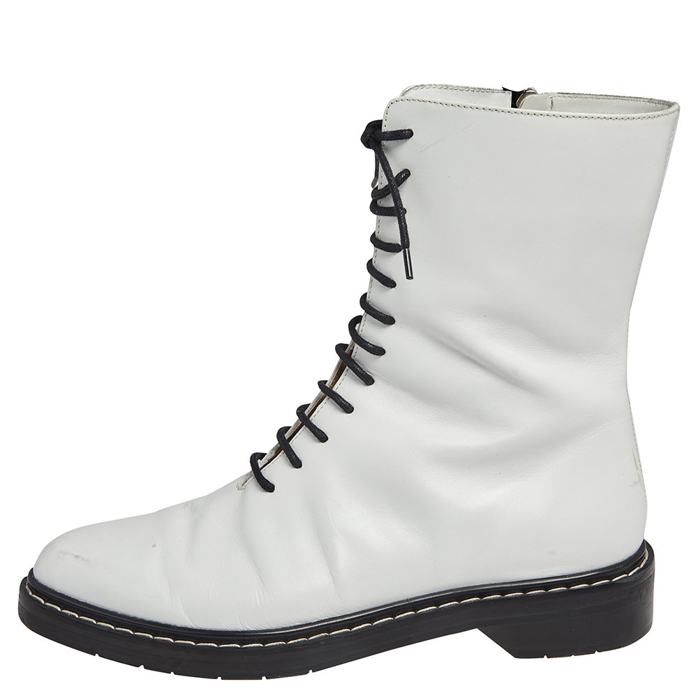 

The Row White Leather Fara Lace Up Combat Boots Size