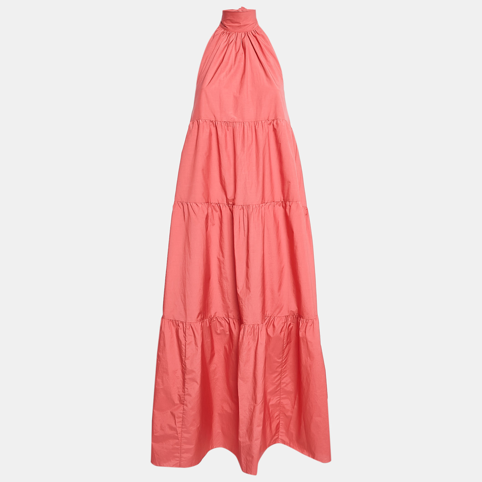 

Theory Coral Pink Cotton Blend Halter Neck Tiered Maxi Dress S