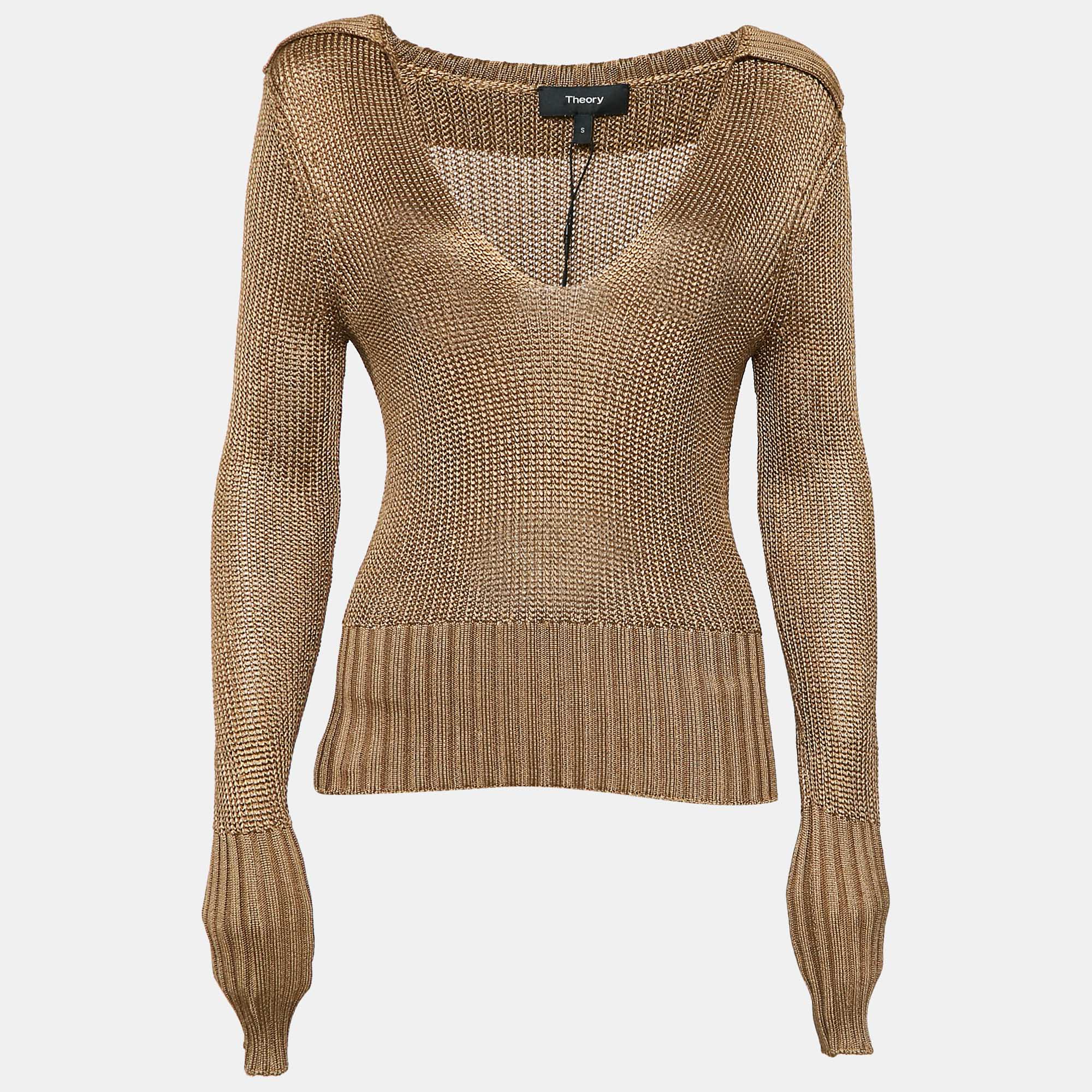 

Theory Brown Roving Viscose Rib Knit Back Collar V Neck Pullover S