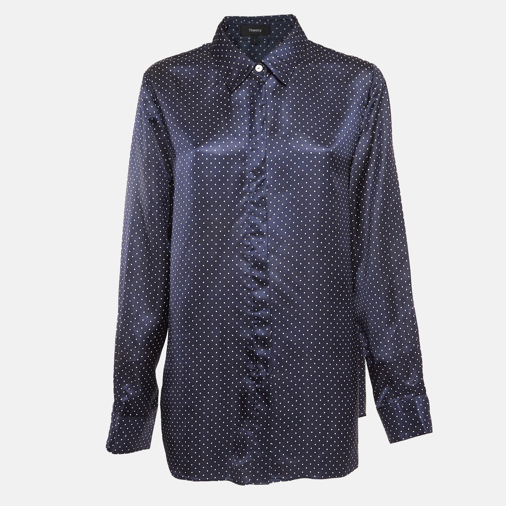 

Theory Navy Blue Polka Dots Print Shirt L