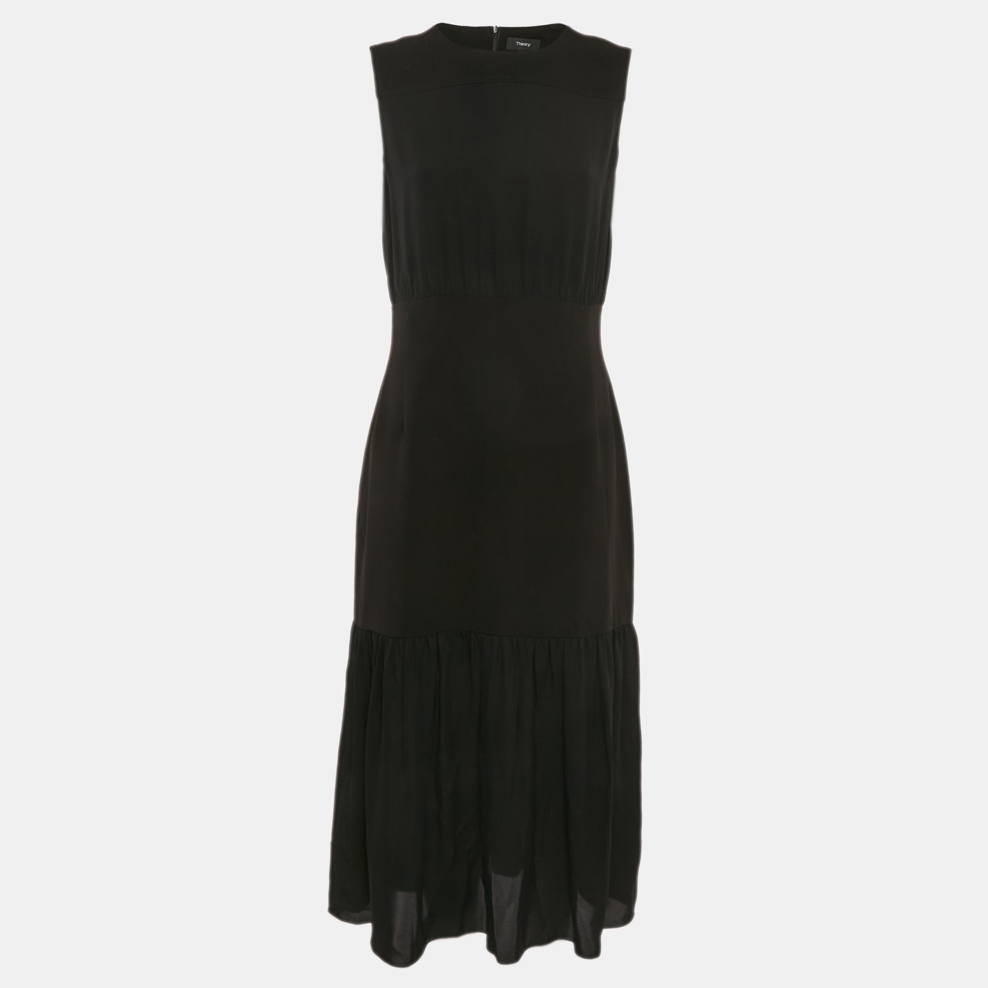 

Theory Black Crepe Sleeveless Midi Flounce Dress L