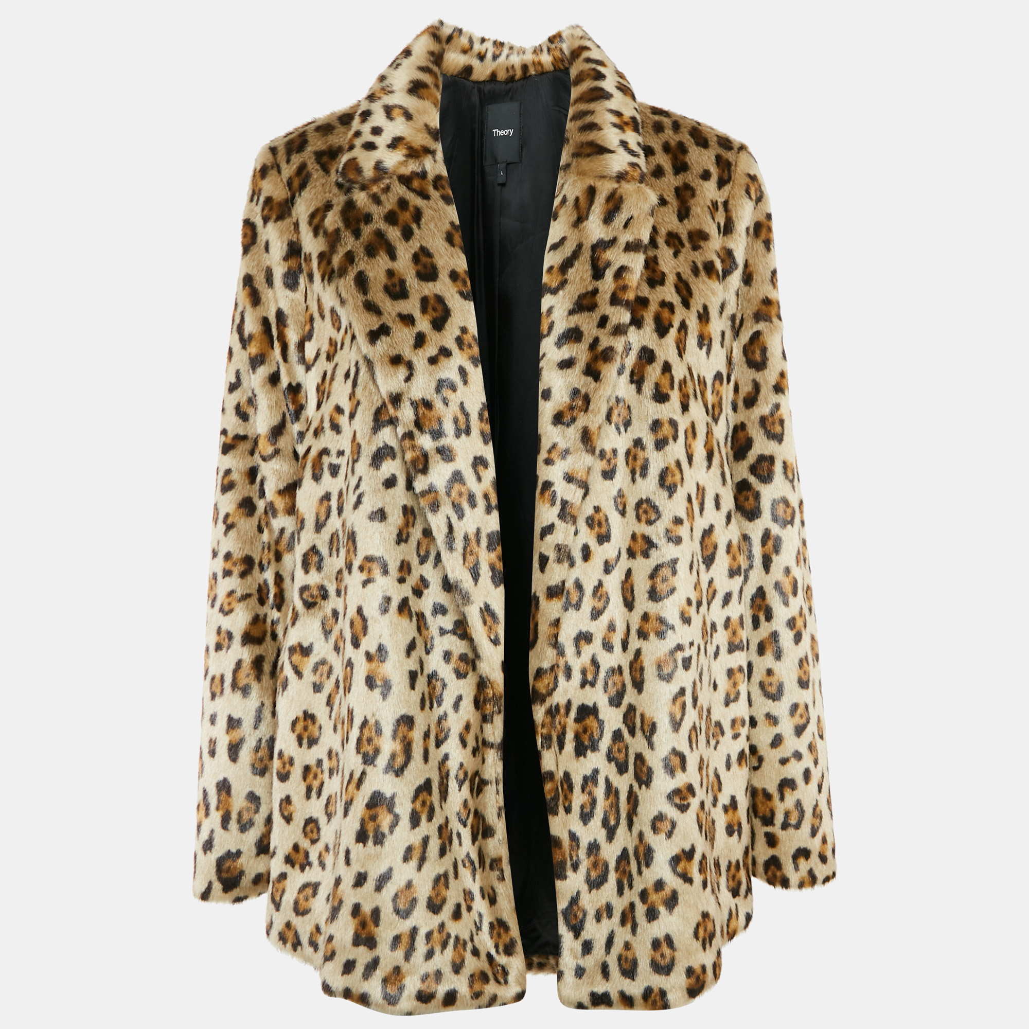 

Theory Brown Leopard Print Faux Fur Front Open Jacket L