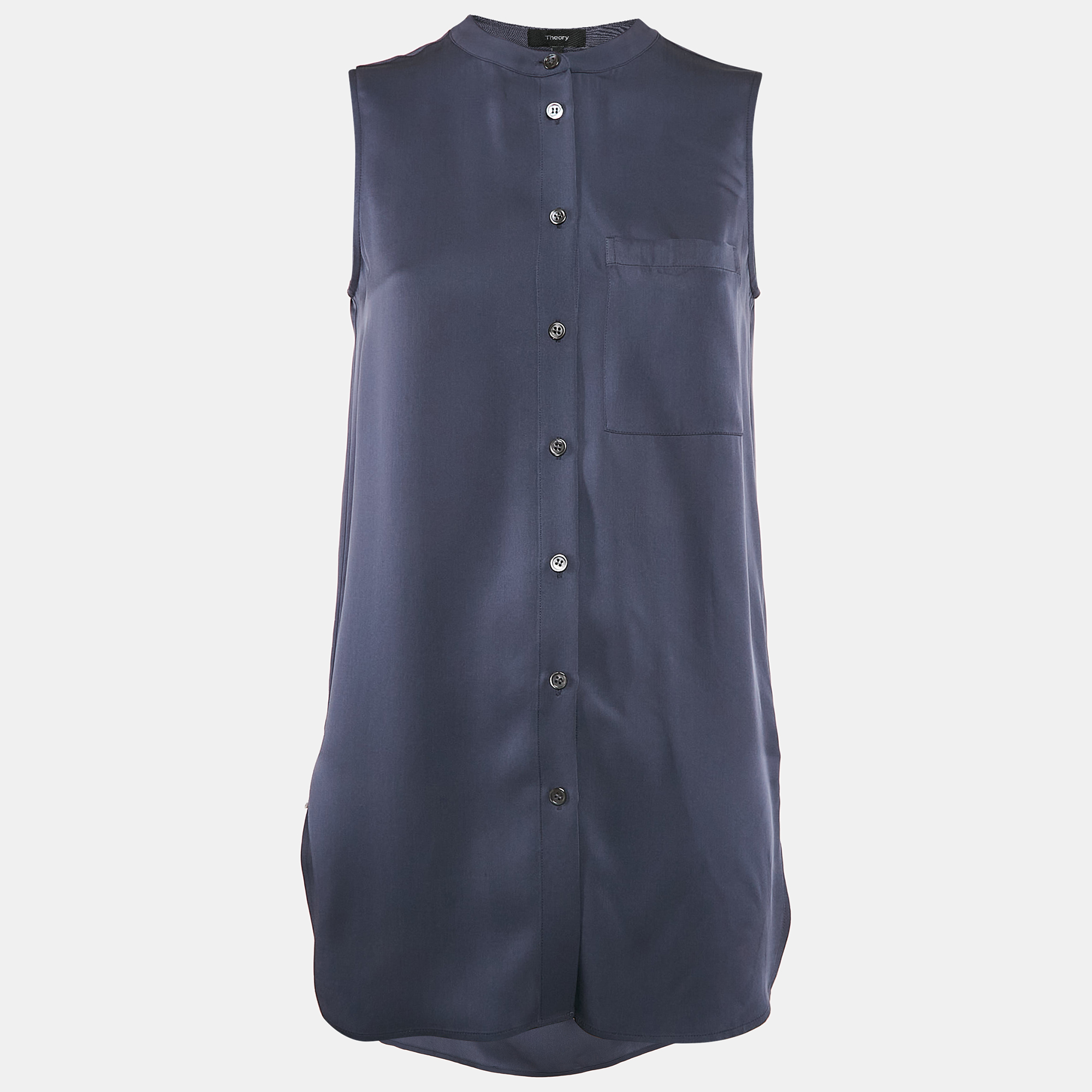 

Theory Blue Silk Button Front Sleeveless Mini Dress S