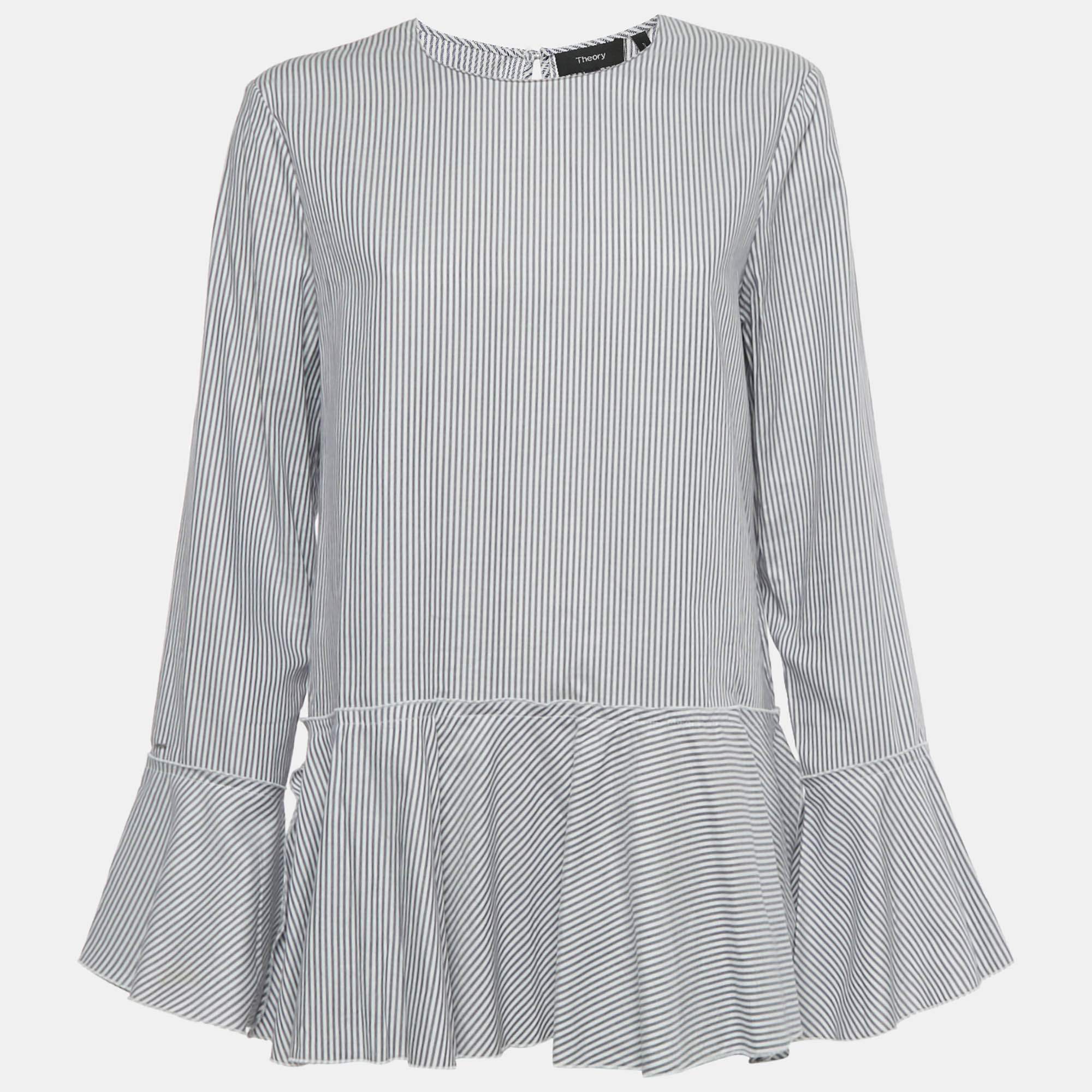 Pre-owned Theory Blue Stripe Cotton Lexanda Top L