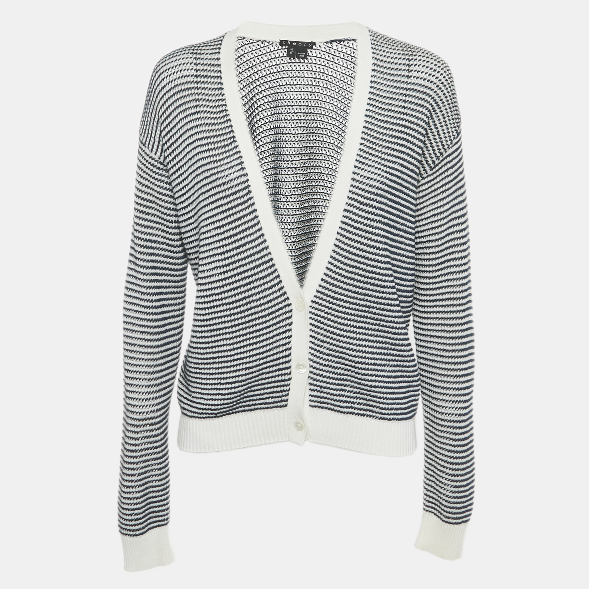 Pre-owned Theory Navy Blue/white Striped Knit Cardigan M
