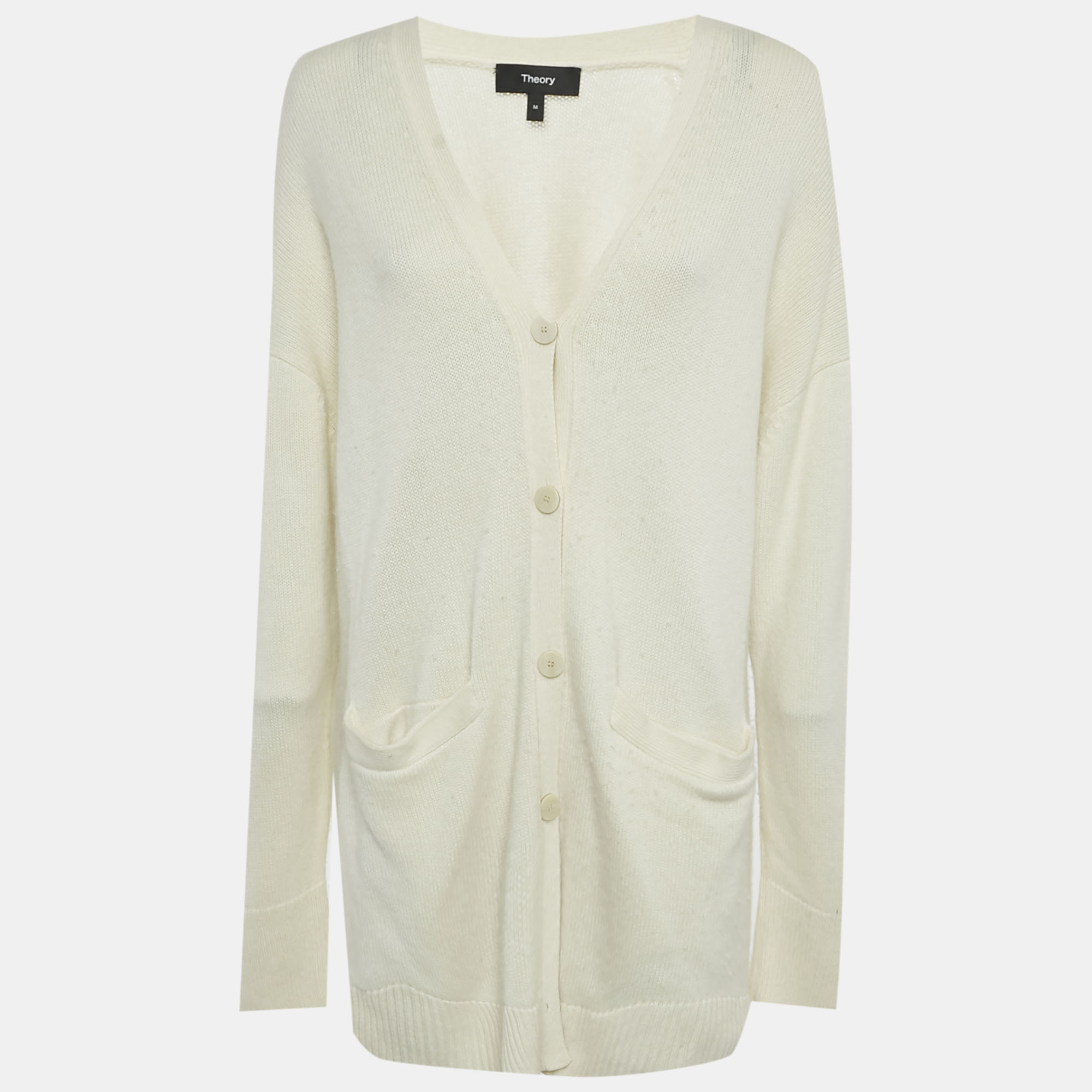 

Theory Ivory Wool Knit Leather Patch Cardigan M, White
