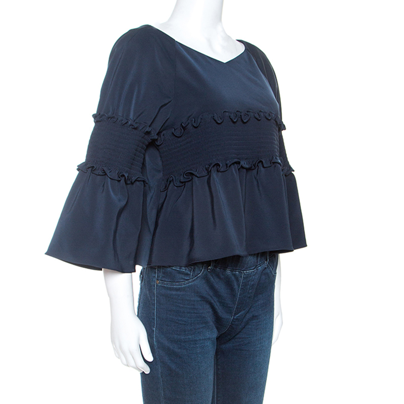 

Tibi Navy Blue Stretch Jersey Smocked Detail Bell Sleeve Top