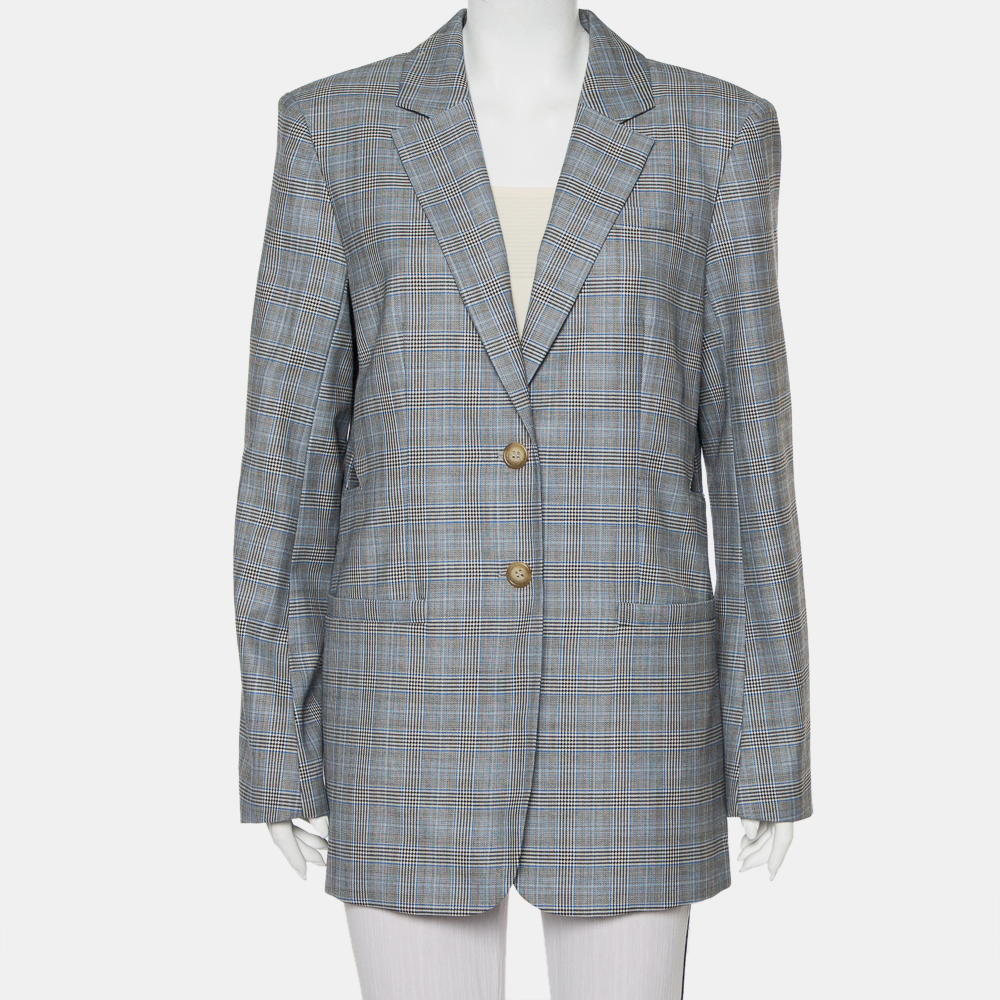 Pre-owned Tibi Grey Cooper Plaided Wool & Silk Cutout Detail Blazer L