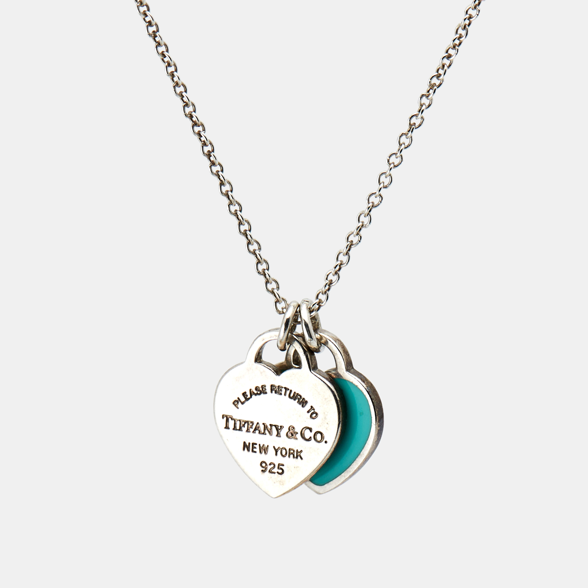 

Tiffany & Co. Return To Tiffany Blue Enamel Double Heart Tag Sterling Silver Pendant Necklace