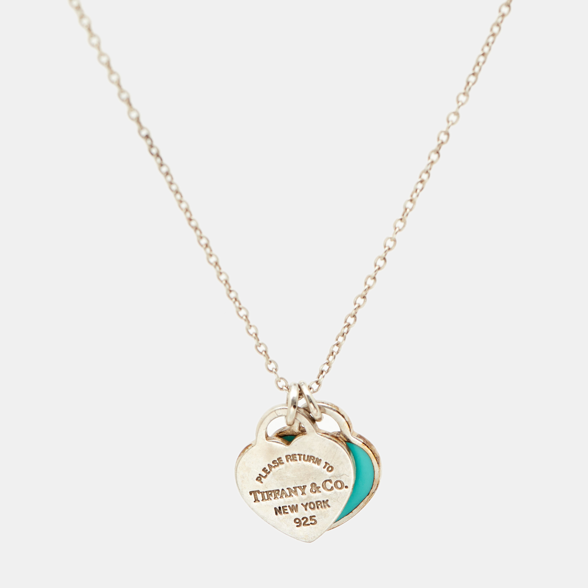 

Tiffany & Co. Return to Tiffany Mini Double Heart Tag Pendant Blue Enamel Sterling Silver Chain Necklace