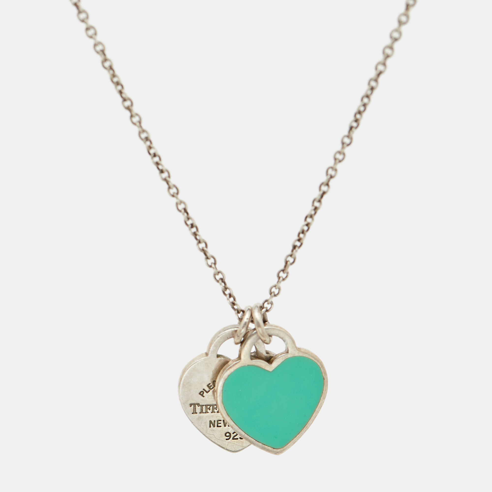 Tiffany & Co. Return to Tiffany Blue Enamel Double Heart Tag Sterling Silver Necklace 