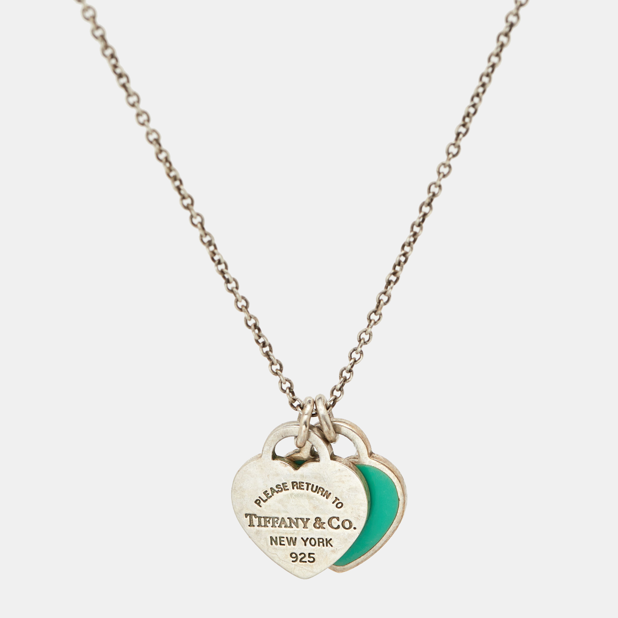 

Tiffany & Co. Return to Tiffany Blue Enamel Double Heart Tag Sterling Silver Necklace