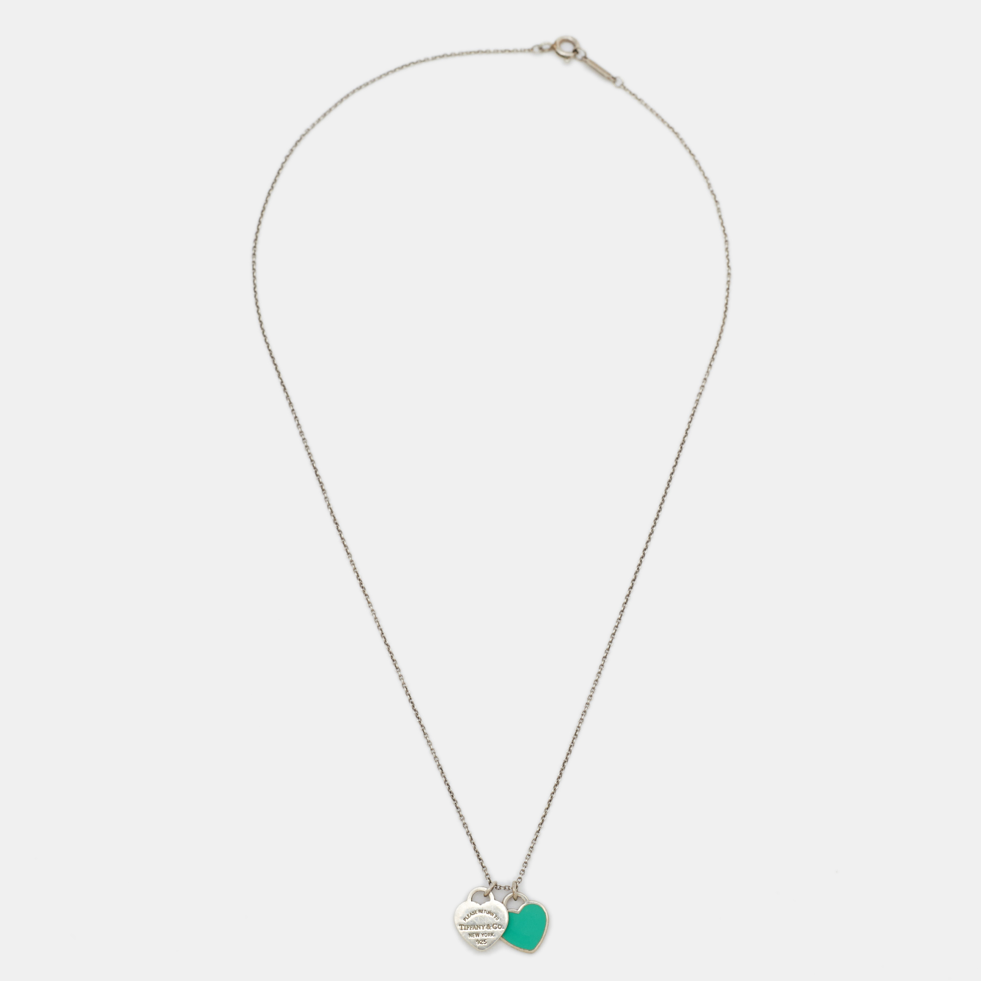 Tiffany & Co. Return to Tiffany Blue Enamel Double Heart Tag Sterling Silver Necklace 
