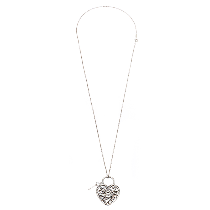 Tiffany Co Filigree Heart Pendant With Key Silver Chain - Tiffany Filigree Heart Pendant With Key Rose Gold Tiffany Co Filigree Heart Pendant With Key Silver Chain - Tiffany Filigree Heart Pendant With Key Rose Gold