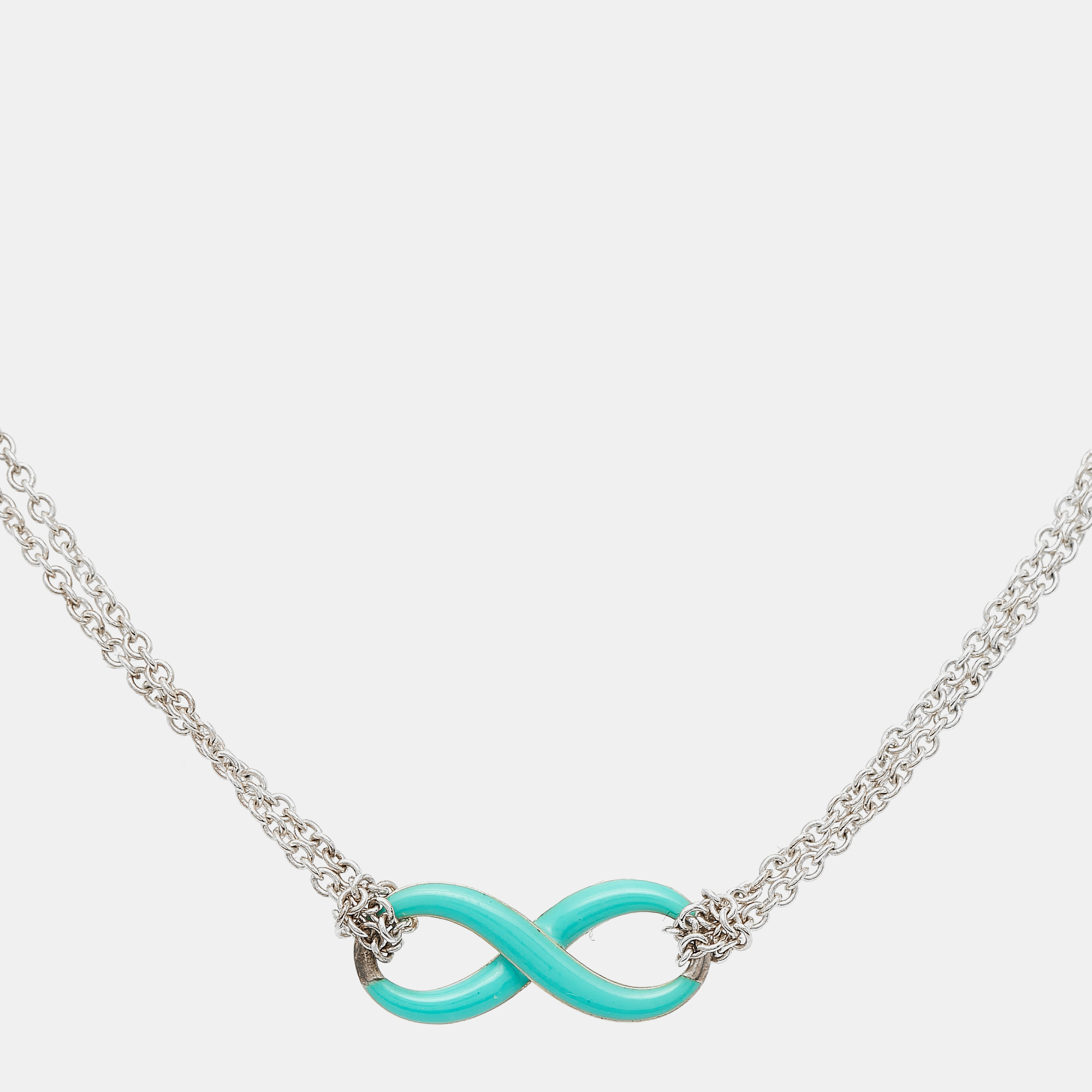 

Tiffany & Co Blue Enamel Infinity Pendant Sterling Silver Double Chain Necklace