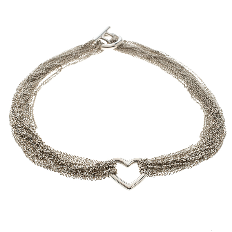 Pre Owned Tiffany & Co Heart Mesh Chain Silver Toggle Necklace