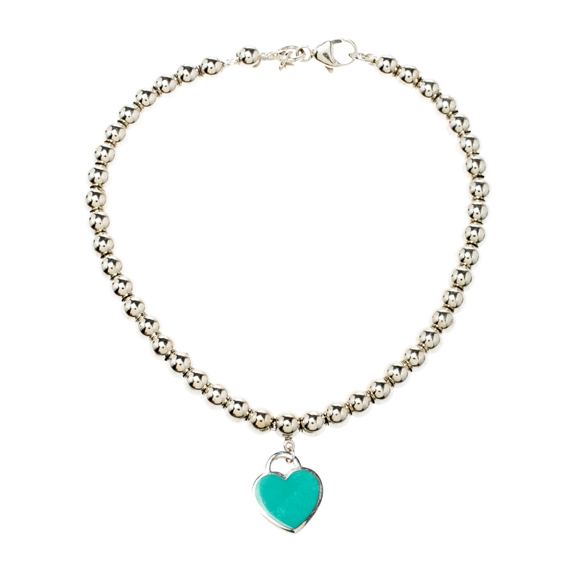 Pre Owned Tiffany & Co. Return to Tiffany Enamel Heart Tag Silver Bead Bracelet