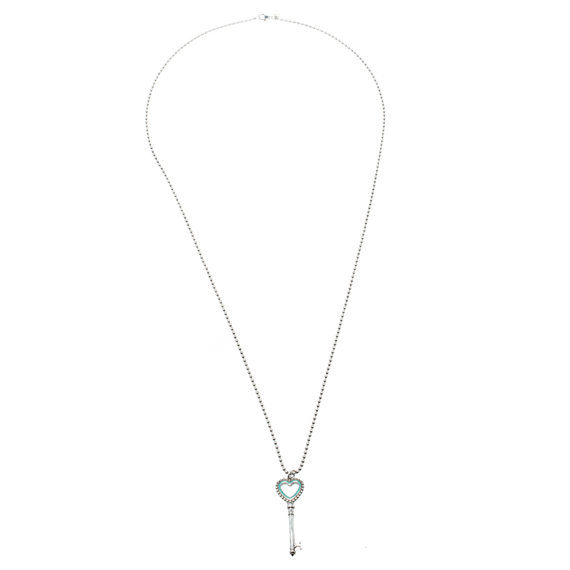 

Tiffany & Co. Enamel Beaded Heart Key Silver Pendant Necklace