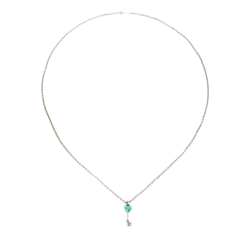 

Tiffany & Co. Heart Key Enamel Silver Chain Link Long Pendant Necklace
