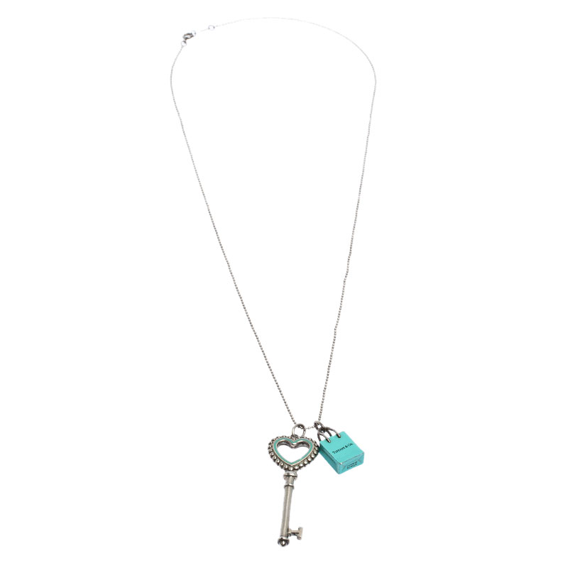 

Tiffany & Co. Silver Heart Key and Shopping Bag Charm Necklace
