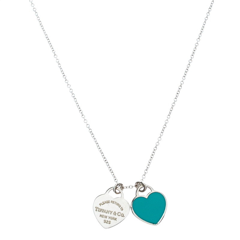 Pre Owned Tiffany & Co. Return to Tiffany Mini Double Heart Tag Enamel Silver Pendant Necklace