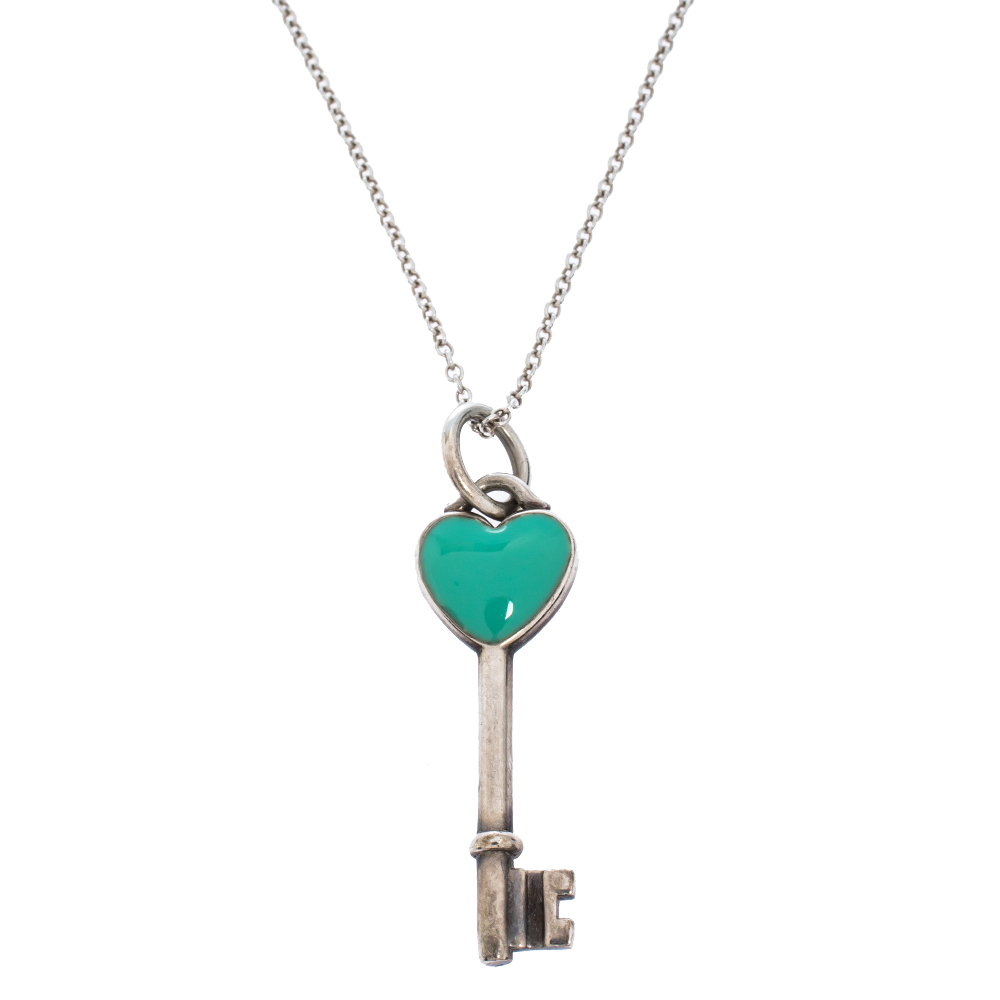 Tiffany & Co. Blue Enamel Heart Key Silver Pendant Necklace 
