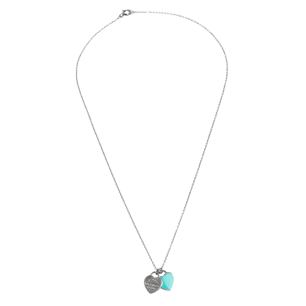 

Tiffany & Co. Enamel Mini Double Heart Tag Silver Pendant Necklace