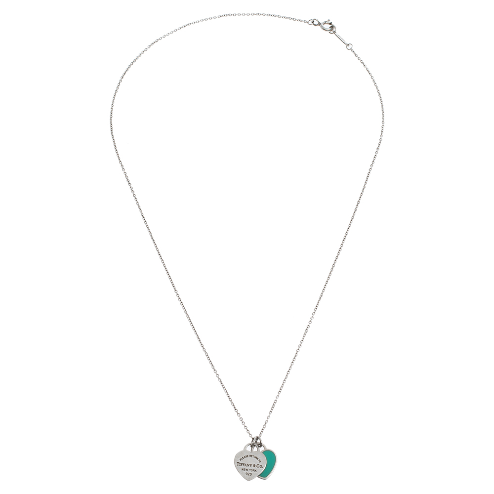 

Tiffany & Co. Return to Tiffany Mini Double Heart Tag Pendants Enamel and Silver Chain Necklace