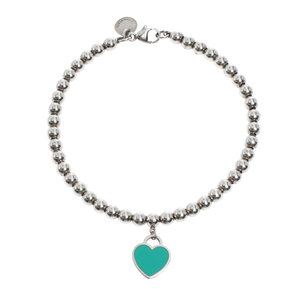 Tiffany & Co. Return to Tiffany Blue Enamel Heart Tag Silver Bead Bracelet 