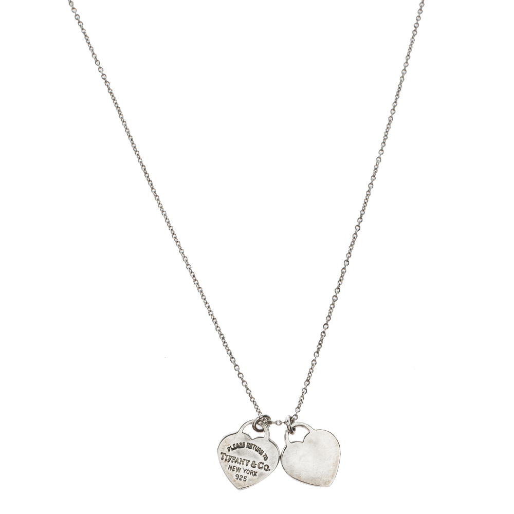 Pre Owned Tiffany & Co. Return to Tiffany Mini Double Heart Tag Pendant Silver Necklace