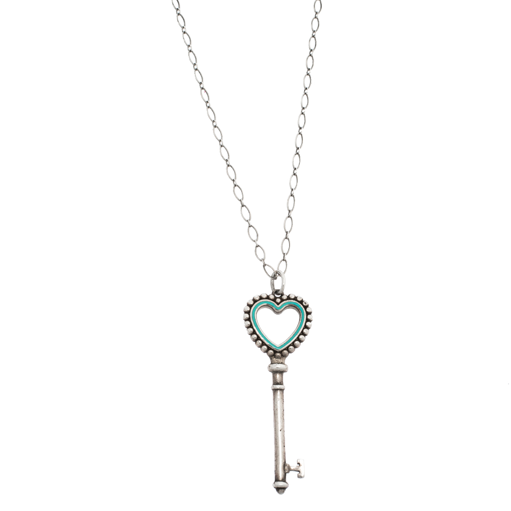 Tiffany & Co. Tiffany Keys Enamel Beaded Heart Key Silver Pendant Necklace
