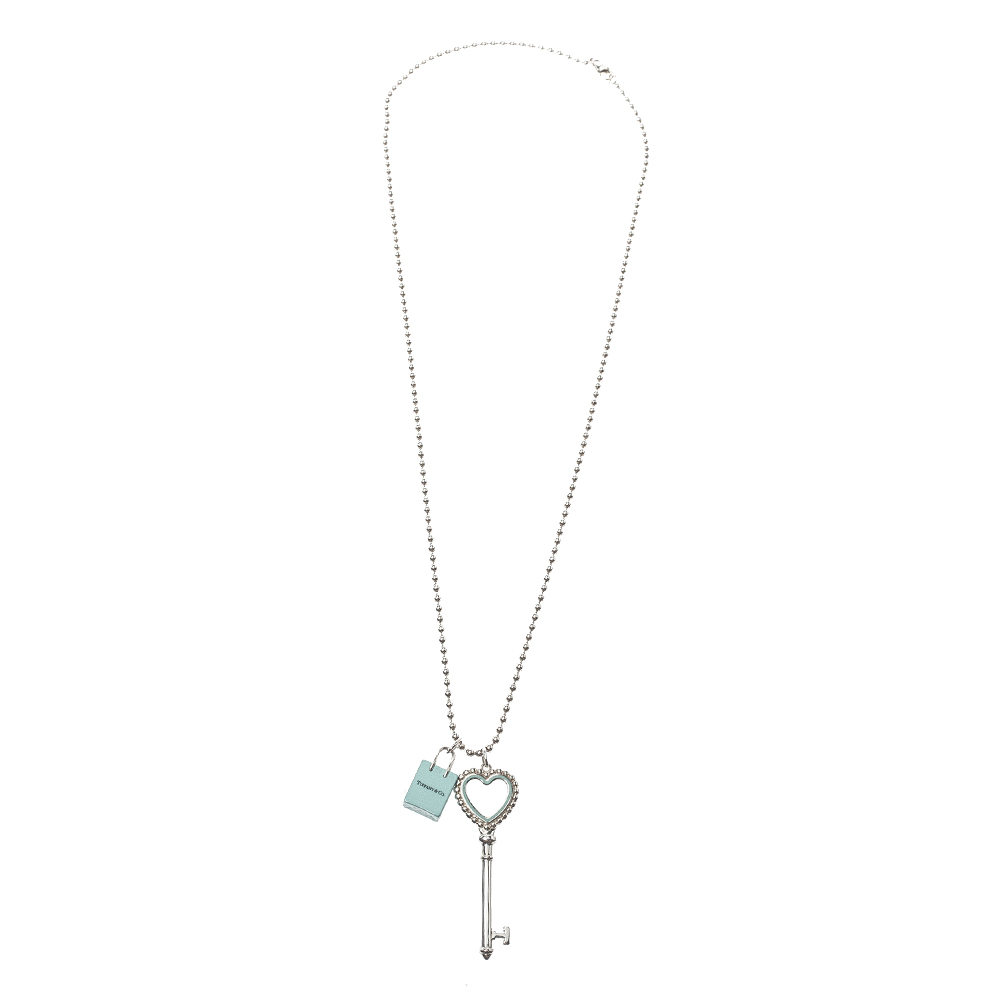 

Tiffany & Co.Tiffany Keys Enamel Beaded Heart Key & Bag Charm Silver Pendant Necklace