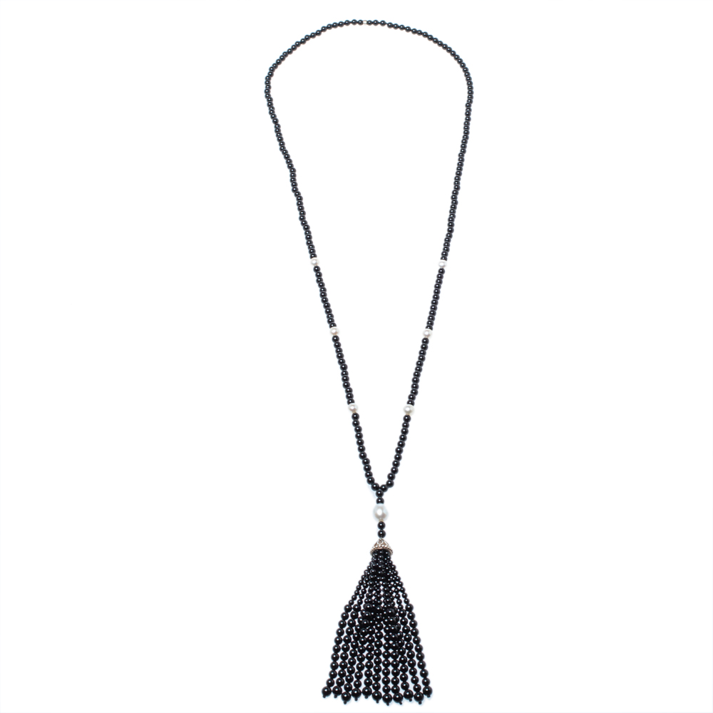 

Tiffany & Co. Ziegfeld Onyx Cultured Pearl Silver Tassel Necklace, Black