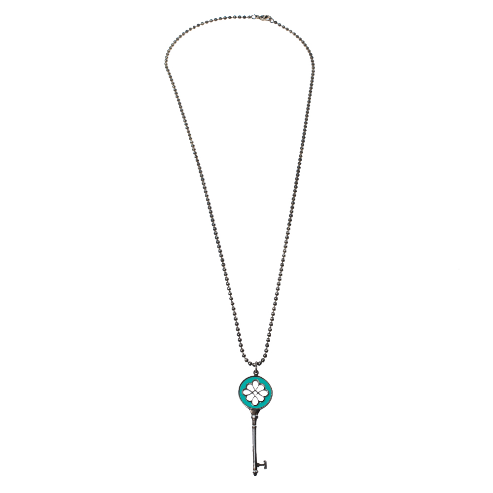 

Tiffany & Co. Blue Enamel Knot Key Silver Pendant Necklace