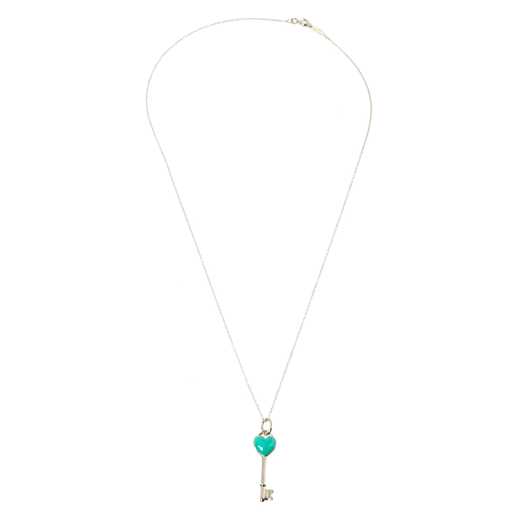 

Tiffany & Co. Blue Enamel Heart Key Silver Pendant Necklace