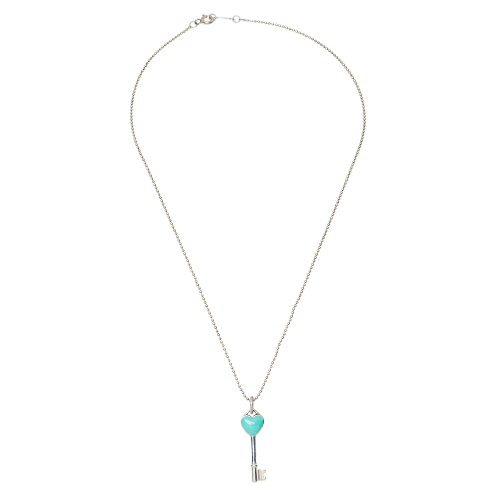 

Tiffany & Co. Sterling Silver Blue Enamel Heart Key Pendant Necklace